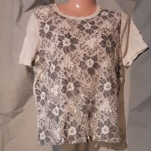 Loft Floral Lace Overlay T-Shirt Size Large